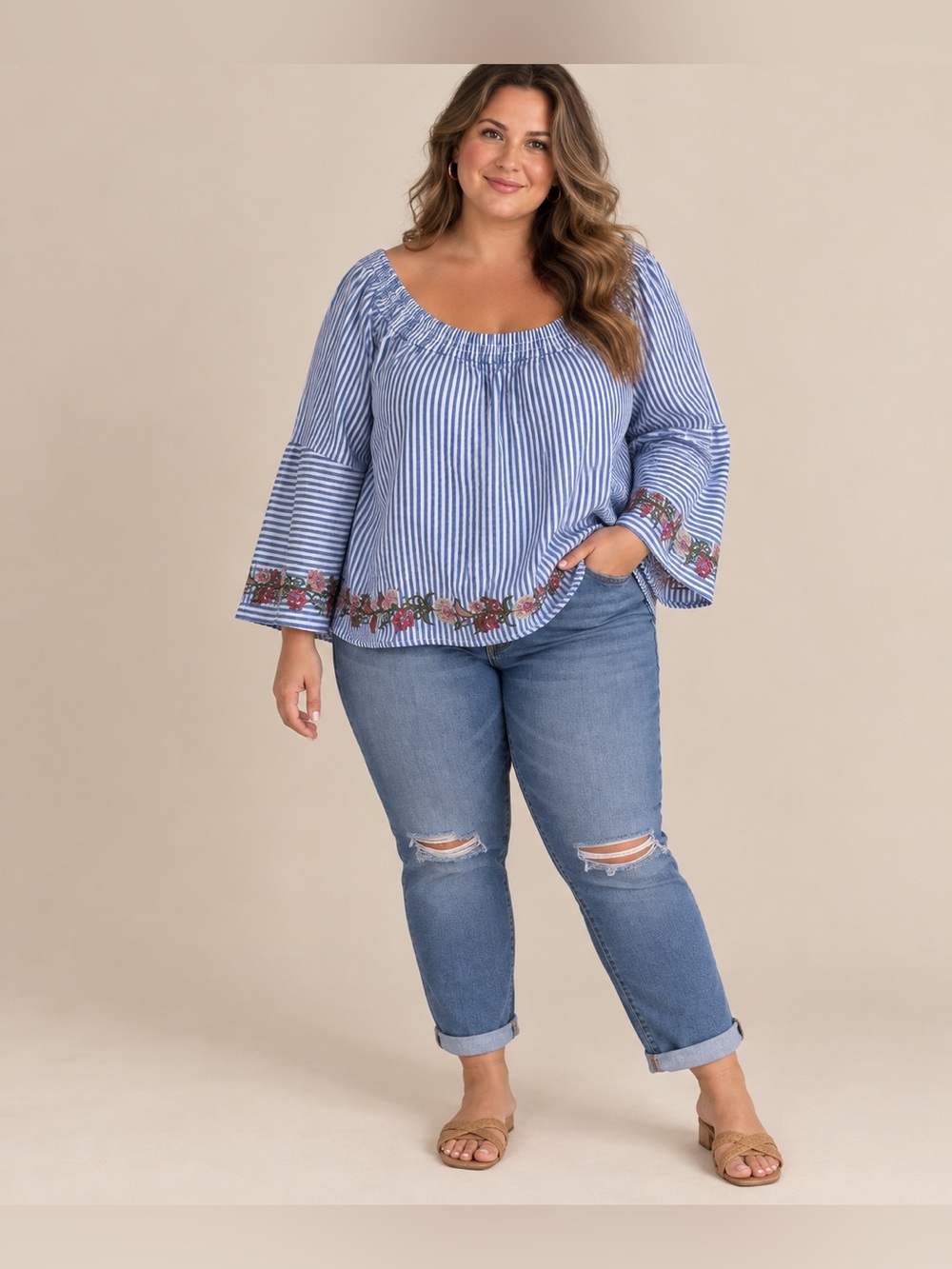 American Eagle Blue Stripe Peasant Blouse Floral Embroidered Trim XXL